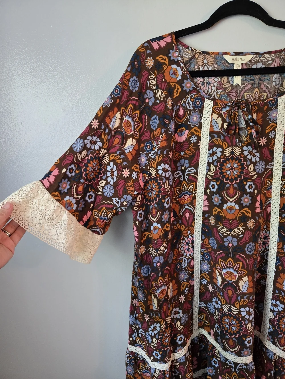 Matilda Jane Floral Lace Trim Tunic Dress Brown Multi Color Boho Whimsical XXL - Picture 2 of 6